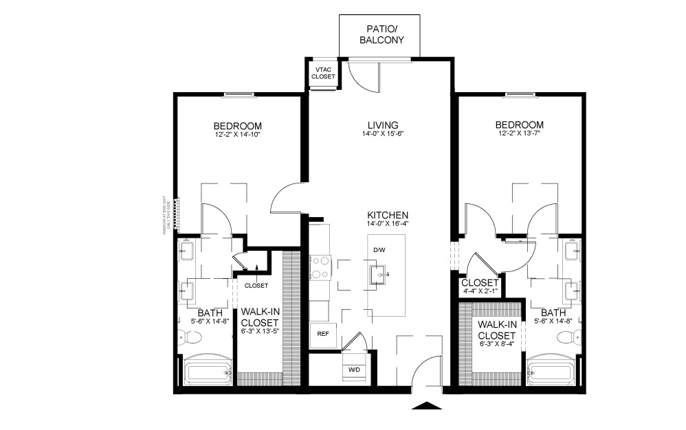 2 Bedrooms - 2 bedroom floorplan layout with 2 bathrooms and 1210 - 1288 square feet (W2-1210
, 2D)
