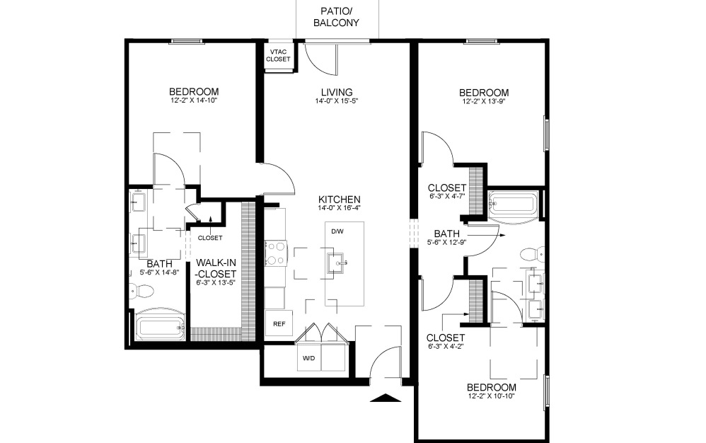 3 Bedrooms - 3 bedroom floorplan layout with 2 bathrooms and 1328 square feet (2D)